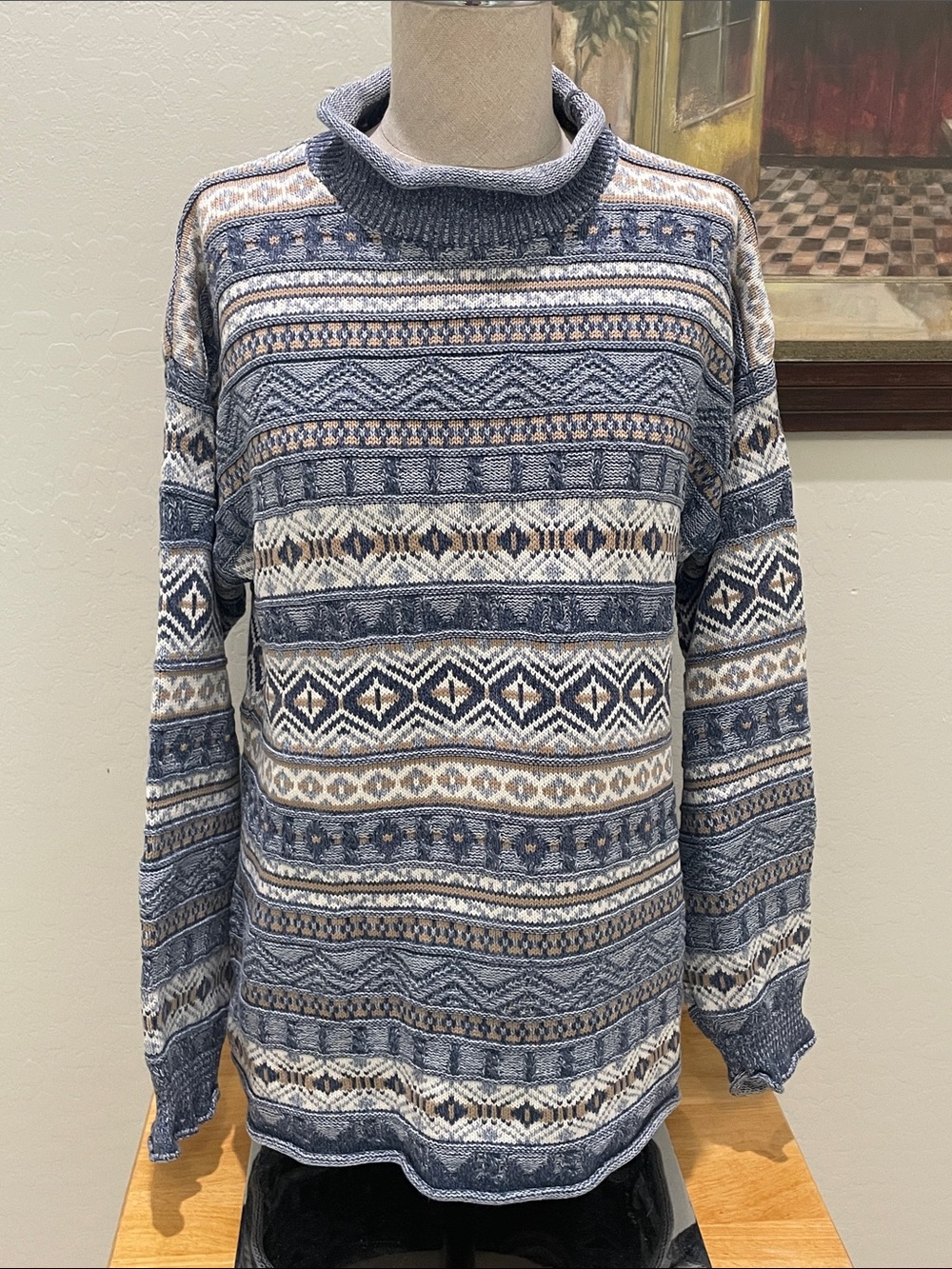 Vintage Country Seat Nuovo Jeanswear Geometric Patterned Knit Sweater - Blue